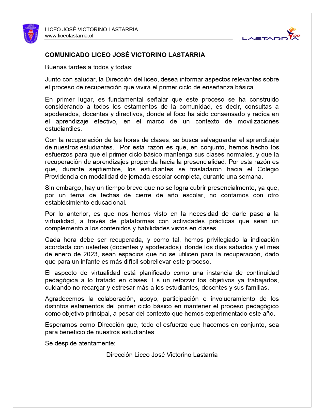 COMUNICADO RECUPERACION PRIMER CICLO BASICO JVL page 0001
